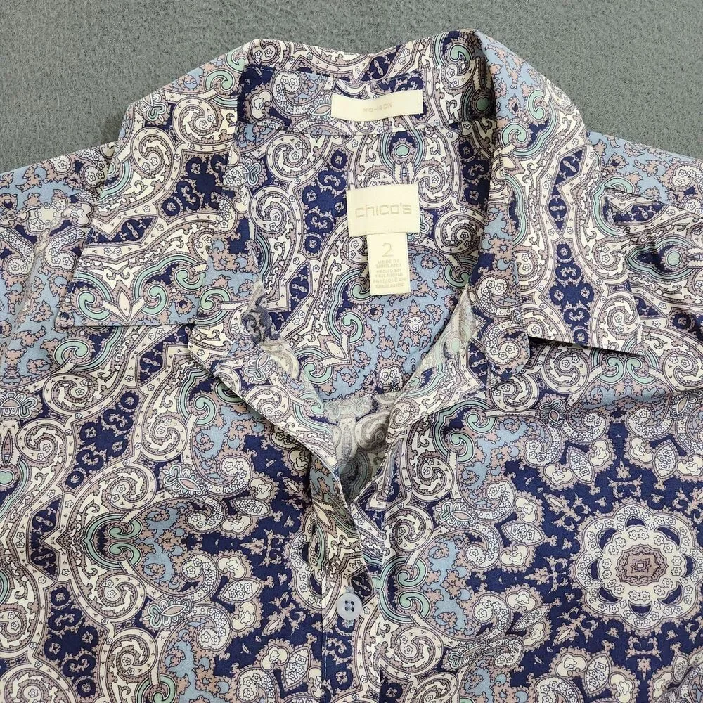 Chico’s Wome 2 US L Purple Paisley Button Up No Iron Blouse Shirt - Picture 4 of 11